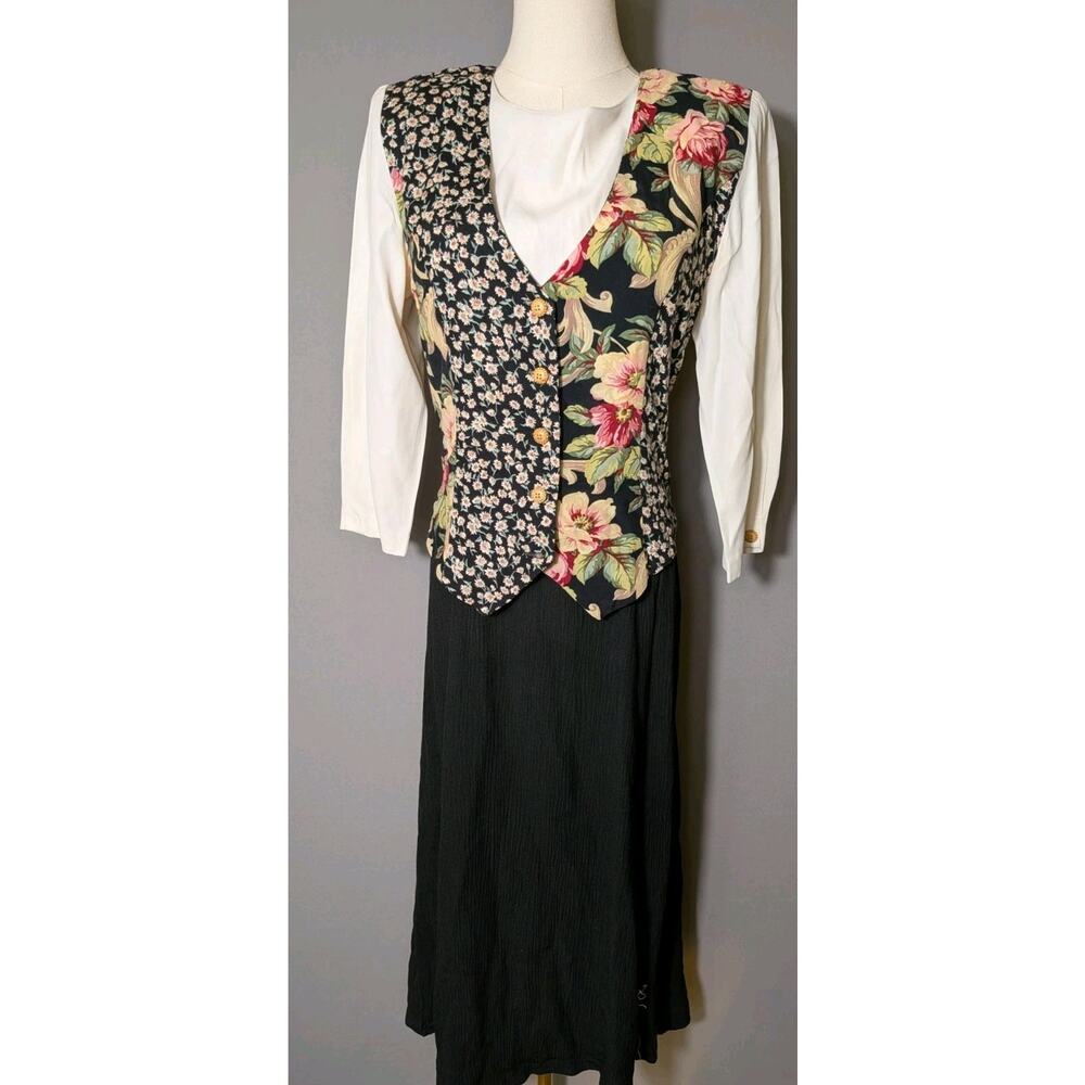 Vintage Floral Vest Patchwork Midi Dress Cottagecore Prairie Boho Tie Back M/L